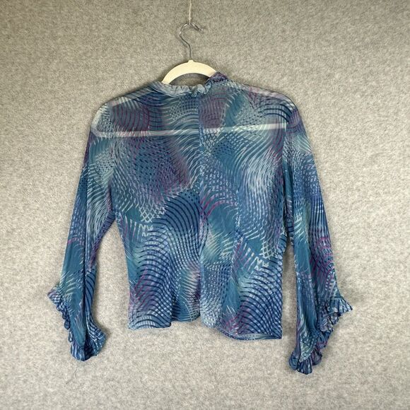 Blue Abstract Mesh Disco Top Size XS Crop Button Front Long Ruffle Flare Sleeve - Picture 5 of 10
